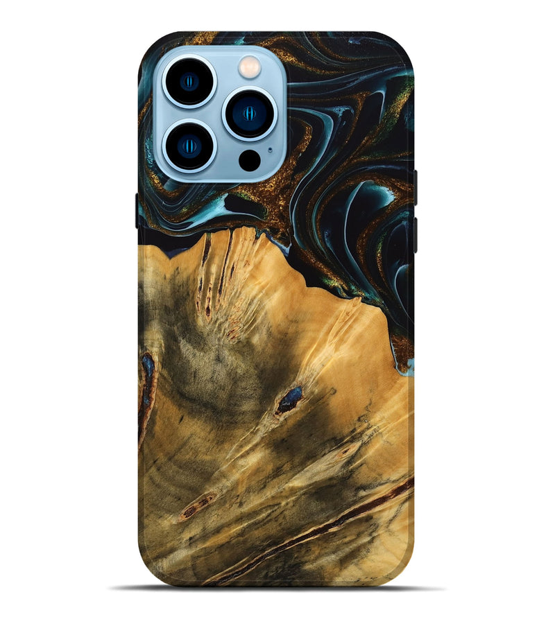 iPhone 14 Pro Max Wood Live Edge Phone Case - Helsa (Teal & Gold, 740146)