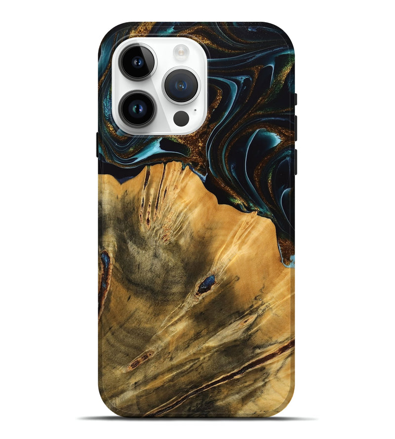 iPhone 15 Pro Max Wood Live Edge Phone Case - Helsa (Teal & Gold, 740146)