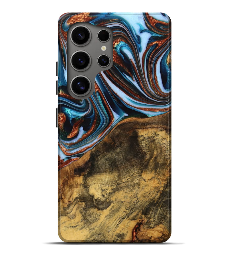 Galaxy S25 Ultra Wood Live Edge Phone Case - Verlene (Teal & Gold, 740154)