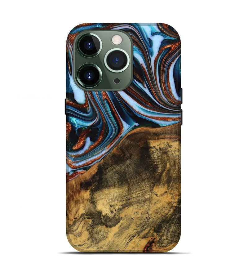 iPhone 13 Pro Wood Live Edge Phone Case - Verlene (Teal & Gold, 740154)