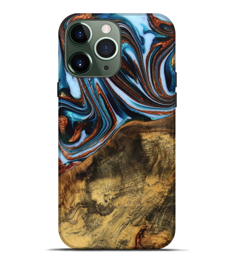 iPhone 13 Pro Max Wood Live Edge Phone Case - Verlene (Teal & Gold, 740154)