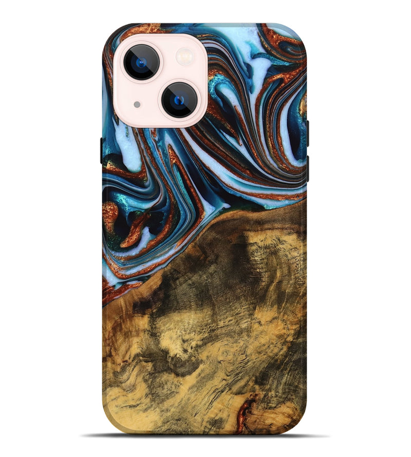 iPhone 14 Plus Wood Live Edge Phone Case - Verlene (Teal & Gold, 740154)