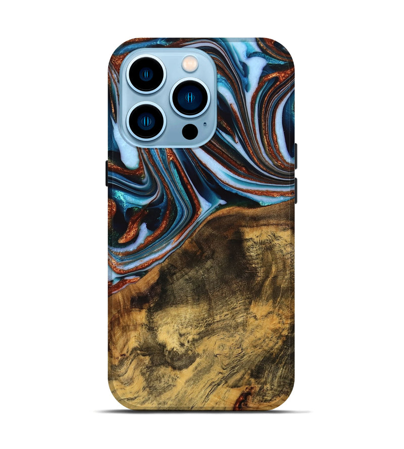 iPhone 14 Pro Wood Live Edge Phone Case - Verlene (Teal & Gold, 740154)