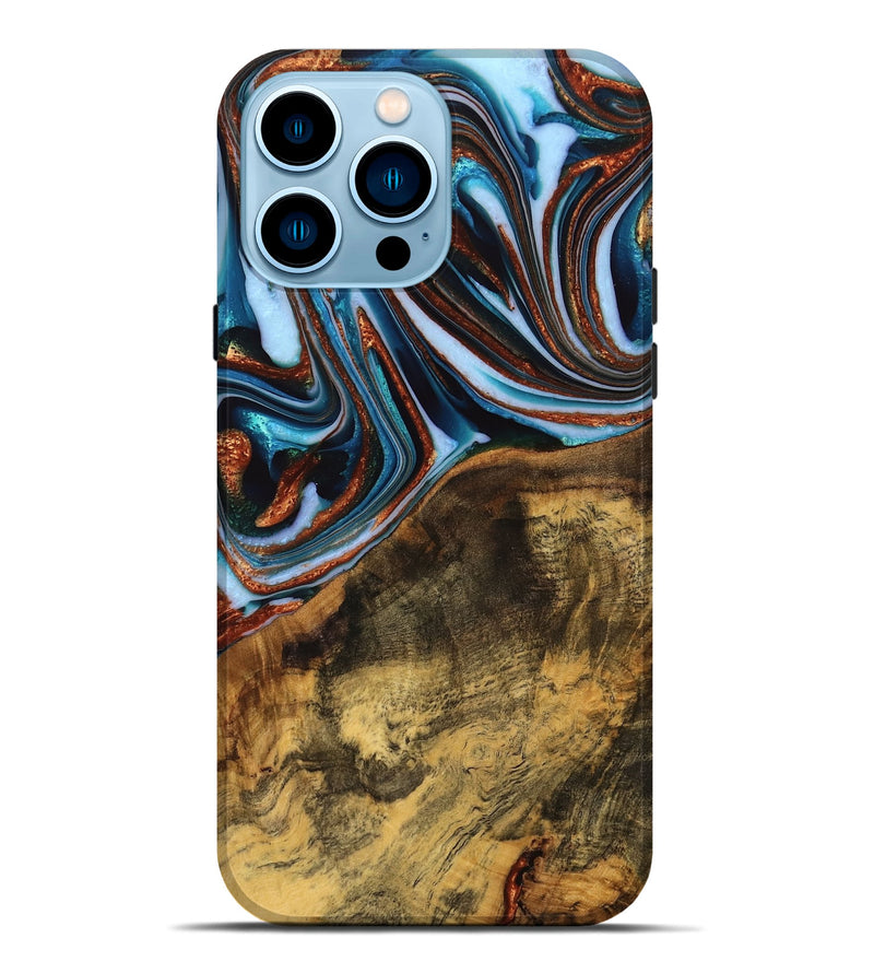 iPhone 14 Pro Max Wood Live Edge Phone Case - Verlene (Teal & Gold, 740154)