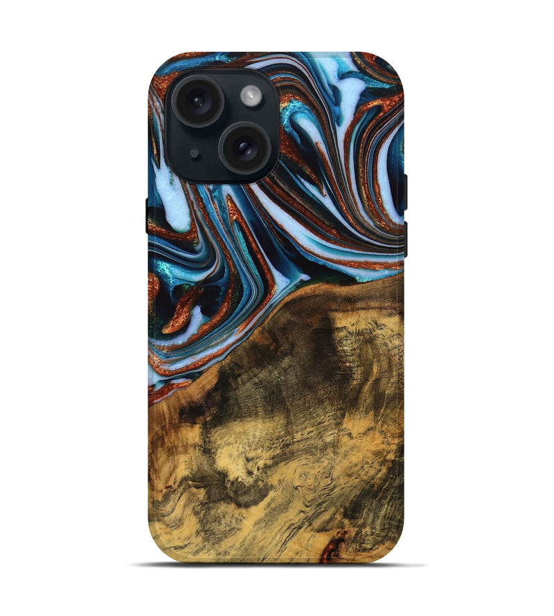 iPhone 15 Wood Live Edge Phone Case - Verlene (Teal & Gold, 740154)