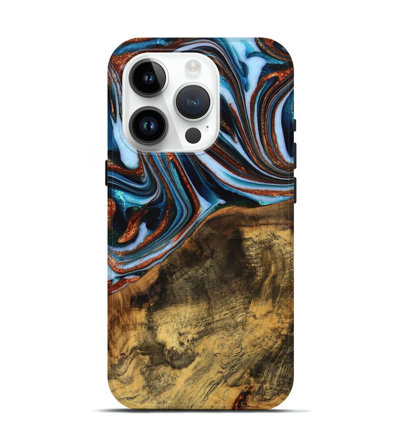 iPhone 15 Pro Wood Live Edge Phone Case - Verlene (Teal & Gold, 740154)