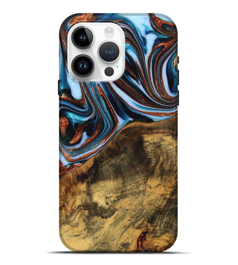 iPhone 15 Pro Max Wood Live Edge Phone Case - Verlene (Teal & Gold, 740154)