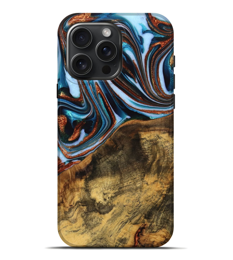 iPhone 16 Pro Max Wood Live Edge Phone Case - Verlene (Teal & Gold, 740154)