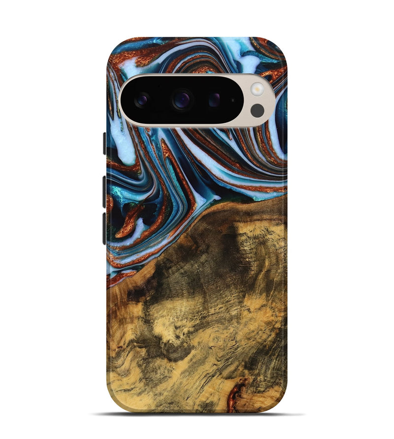 Pixel 9 Wood Live Edge Phone Case - Verlene (Teal & Gold, 740154)