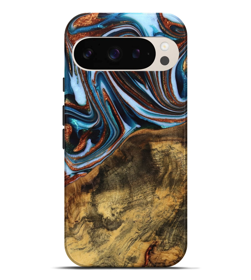 Pixel 9 Pro XL Wood Live Edge Phone Case - Verlene (Teal & Gold, 740154)