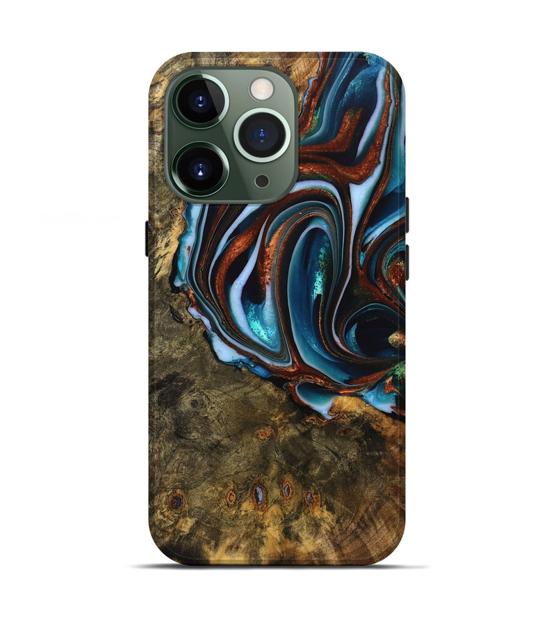 iPhone 13 Pro Wood Live Edge Phone Case - Isiah (Teal & Gold, 740156)