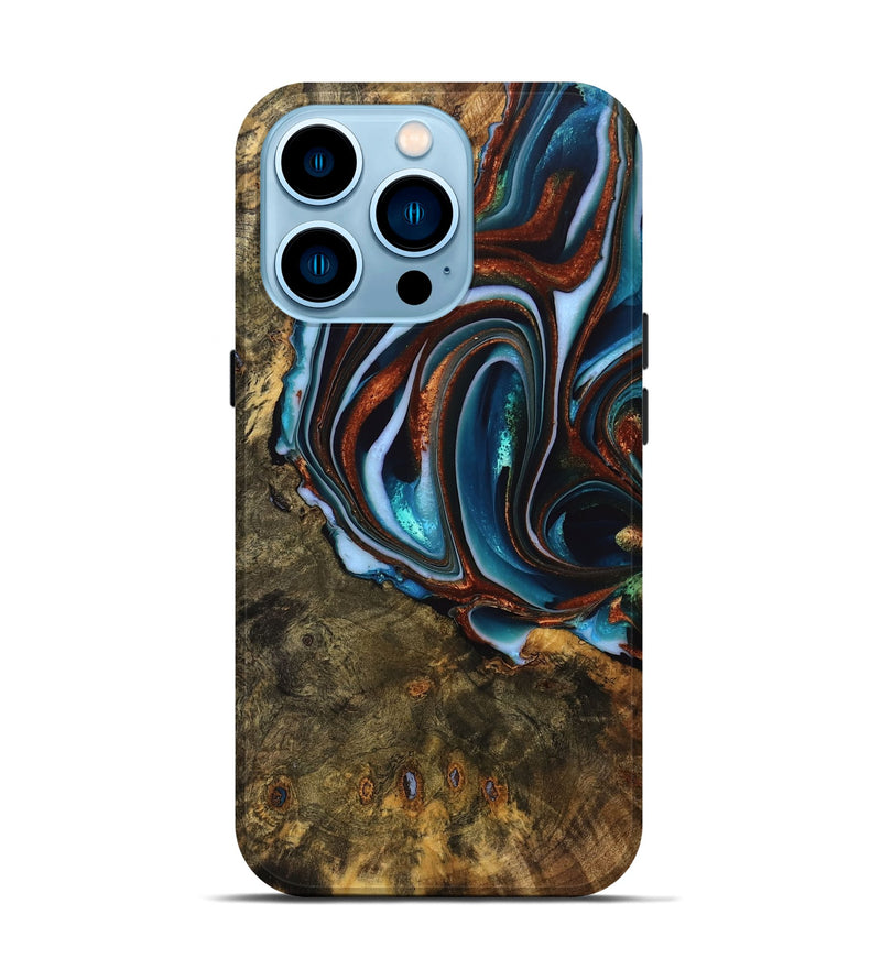 iPhone 14 Pro Wood Live Edge Phone Case - Isiah (Teal & Gold, 740156)