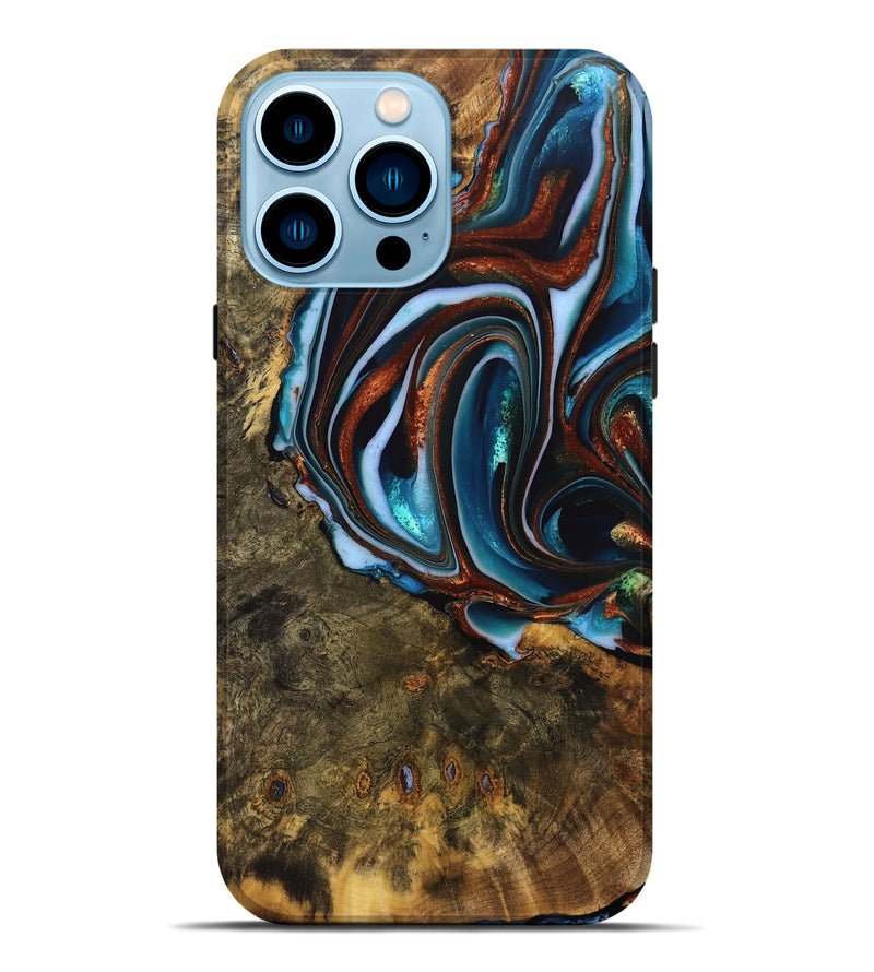 iPhone 14 Pro Max Wood Live Edge Phone Case - Isiah (Teal & Gold, 740156)