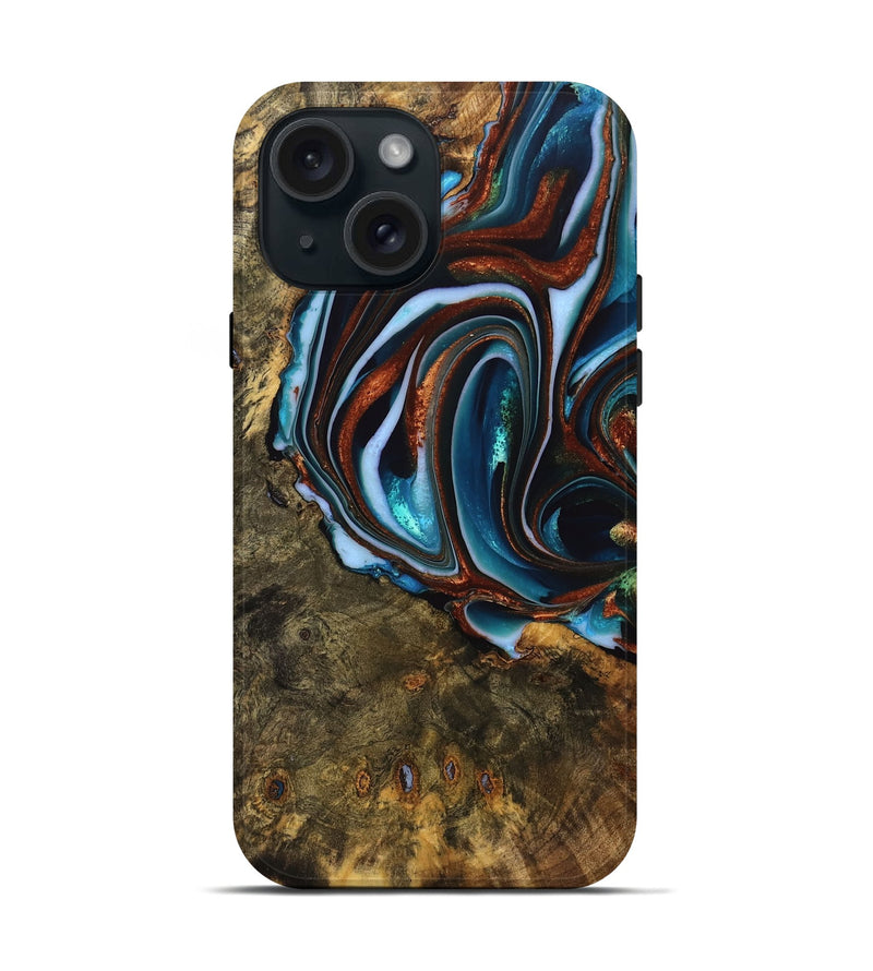 iPhone 15 Wood Live Edge Phone Case - Isiah (Teal & Gold, 740156)