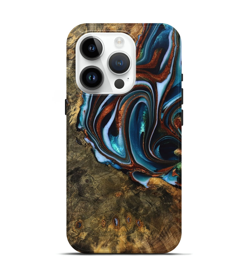 iPhone 15 Pro Wood Live Edge Phone Case - Isiah (Teal & Gold, 740156)