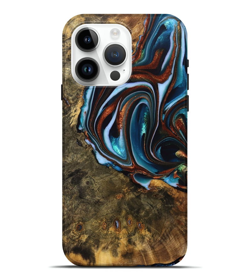 iPhone 15 Pro Max Wood Live Edge Phone Case - Isiah (Teal & Gold, 740156)