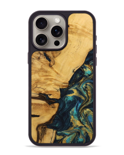 iPhone 15 Pro Max Wood Phone Case - Ilysa (Teal & Gold, 740291)