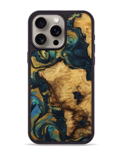 iPhone 15 Pro Max Wood Phone Case - Lyndia (Teal & Gold, 740311)