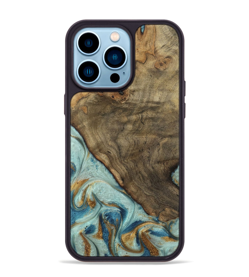 iPhone 14 Pro Max Wood Phone Case - Deward (Teal & Gold, 740481)