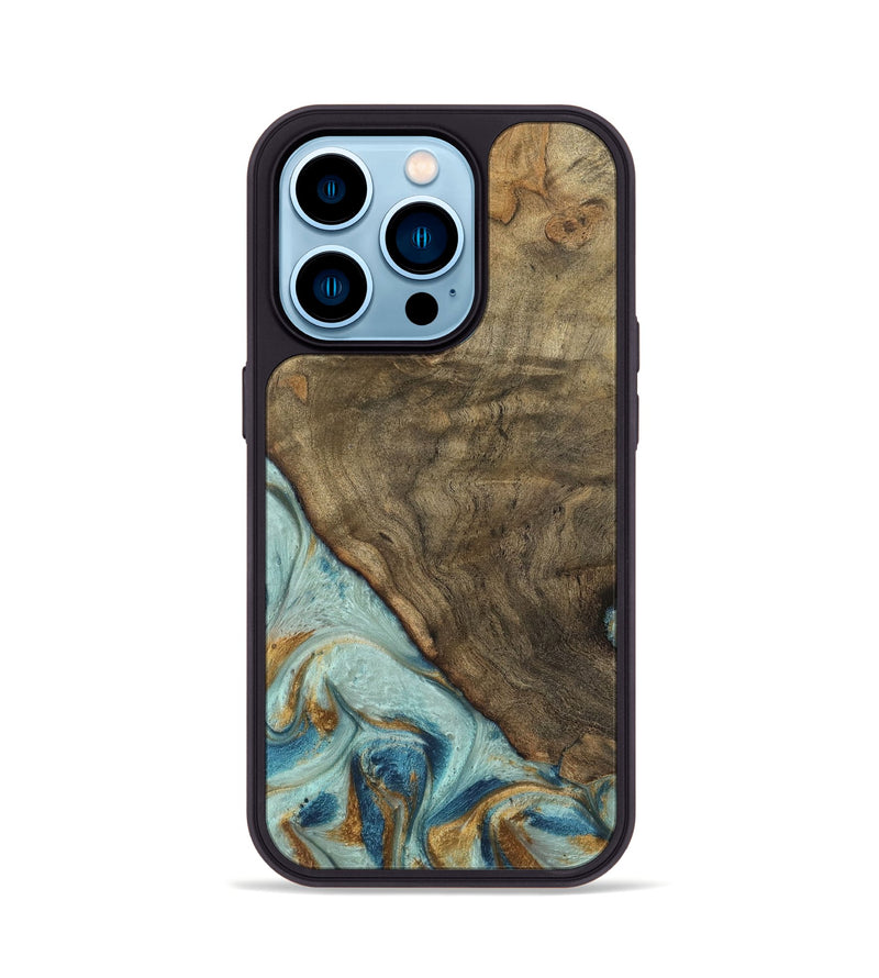 iPhone 14 Pro Wood Phone Case - Deward (Teal & Gold, 740481)