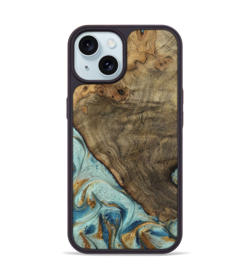 iPhone 15 Wood Phone Case - Deward (Teal & Gold, 740481)