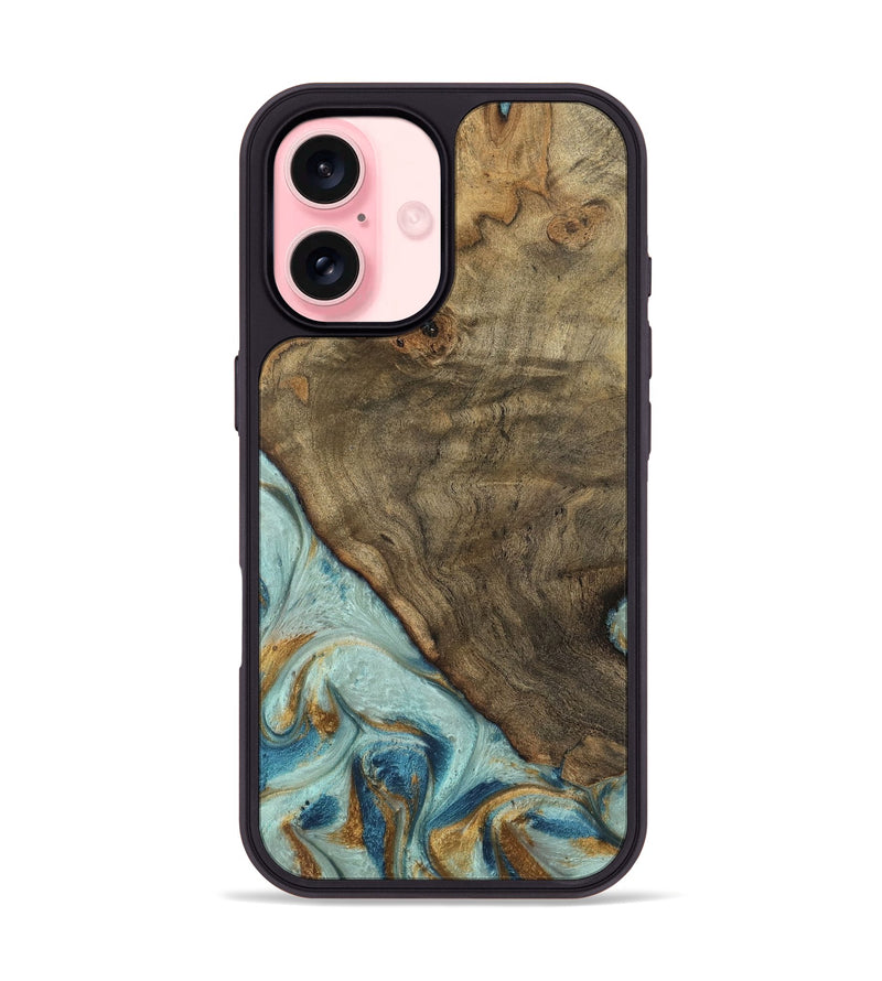 iPhone 16 Wood Phone Case - Deward (Teal & Gold, 740481)