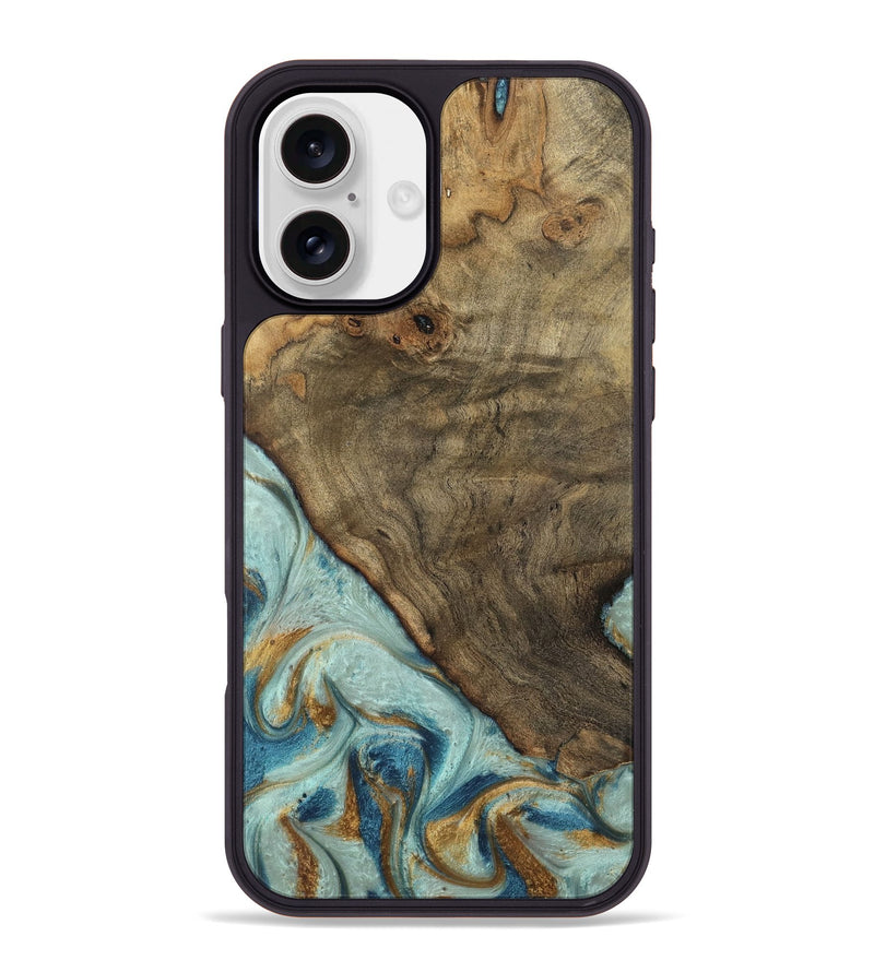 iPhone 16 Plus Wood Phone Case - Deward (Teal & Gold, 740481)