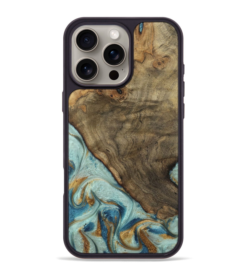 iPhone 16 Pro Max Wood Phone Case - Deward (Teal & Gold, 740481)