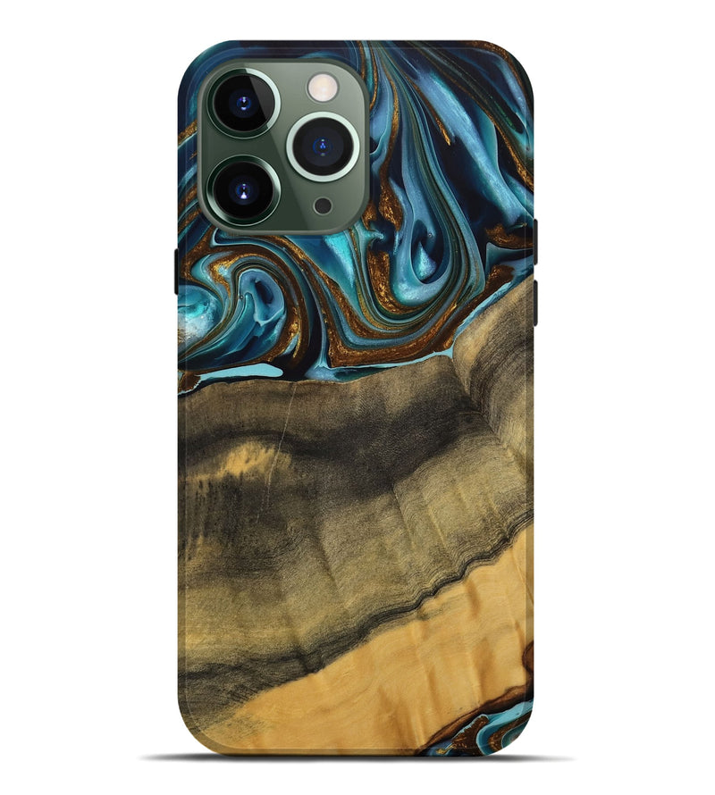 iPhone 13 Pro Max Wood Live Edge Phone Case - Amarjit (Teal & Gold, 740581)