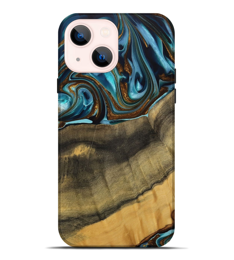 iPhone 14 Plus Wood Live Edge Phone Case - Amarjit (Teal & Gold, 740581)