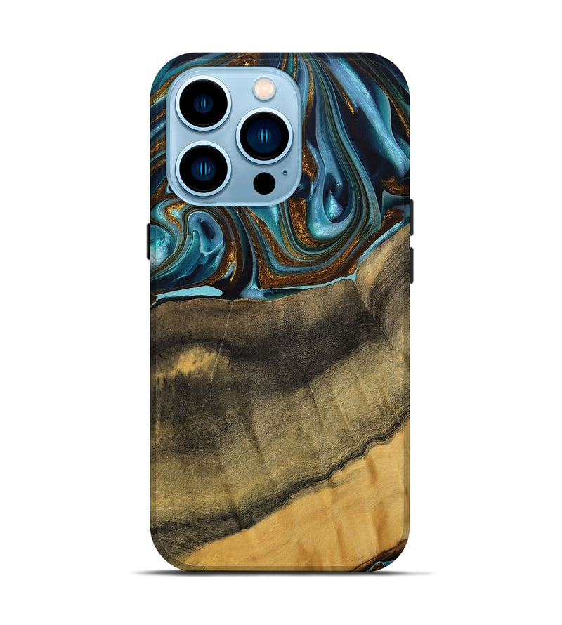 iPhone 14 Pro Wood Live Edge Phone Case - Amarjit (Teal & Gold, 740581)