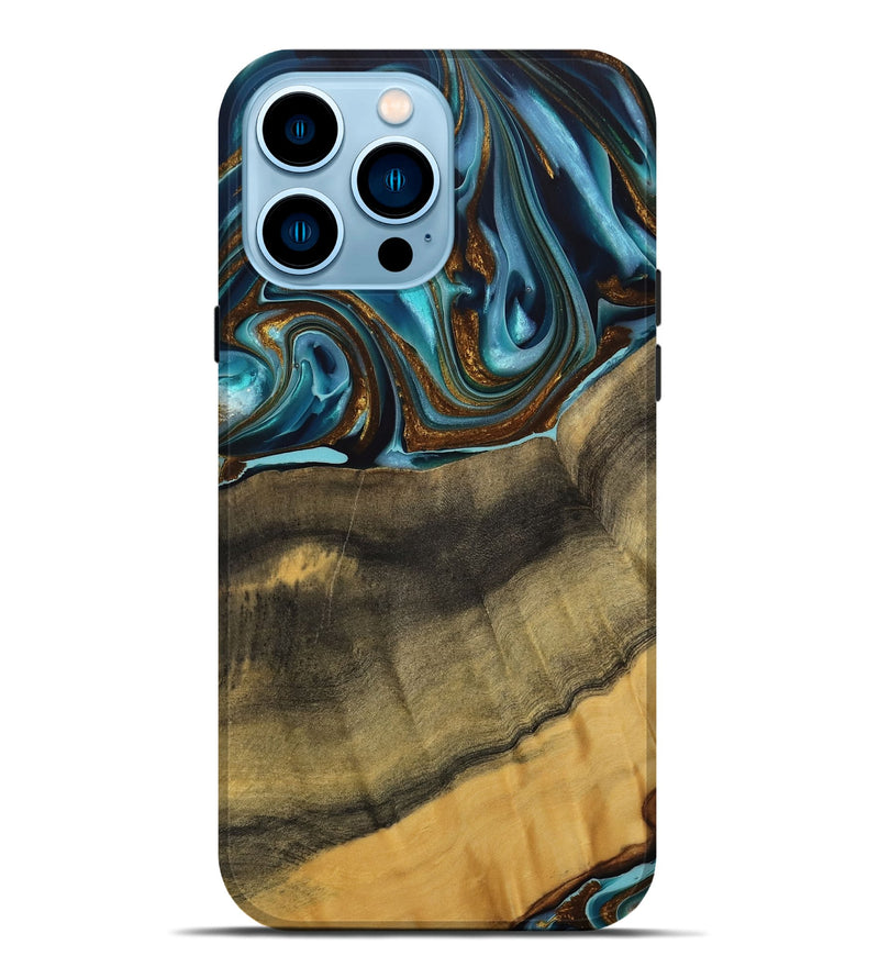 iPhone 14 Pro Max Wood Live Edge Phone Case - Amarjit (Teal & Gold, 740581)