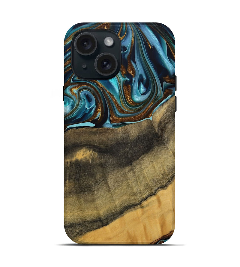 iPhone 15 Wood Live Edge Phone Case - Amarjit (Teal & Gold, 740581)