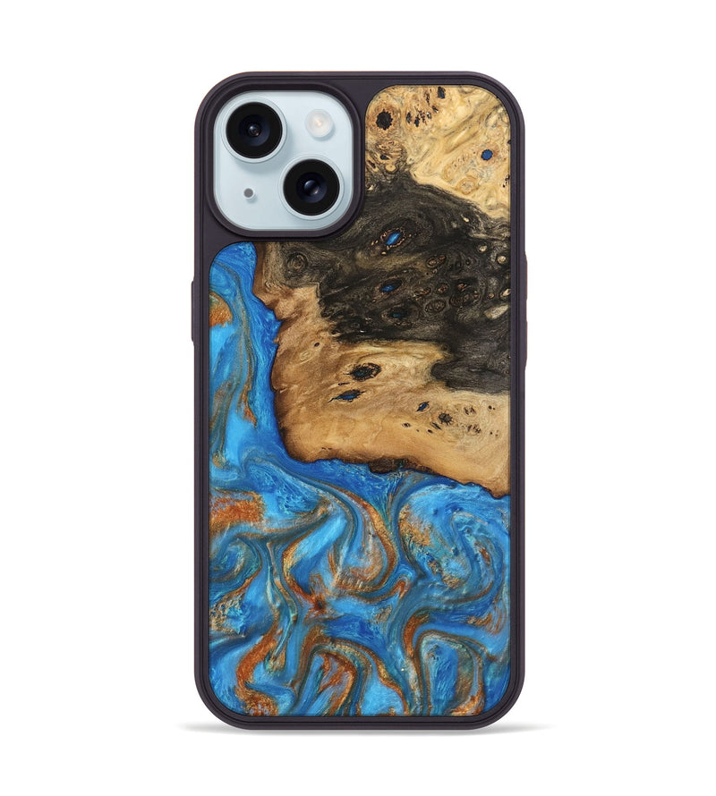 iPhone 15 Wood Phone Case - Umaka (Teal & Gold, 740689)