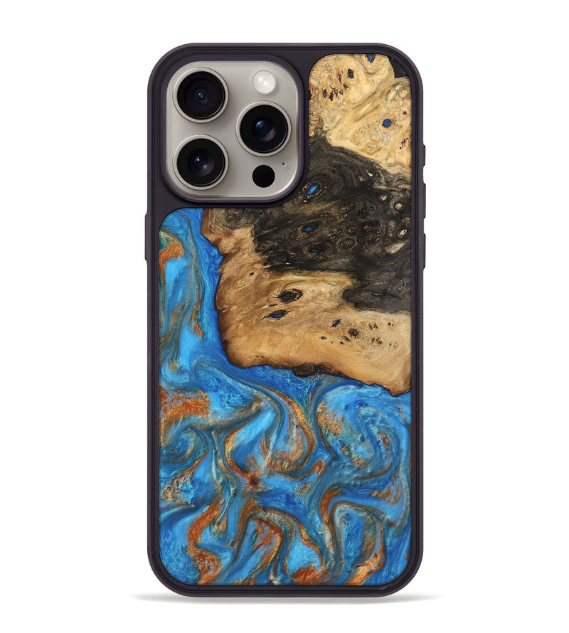 iPhone 15 Pro Max Wood Phone Case - Umaka (Teal & Gold, 740689)