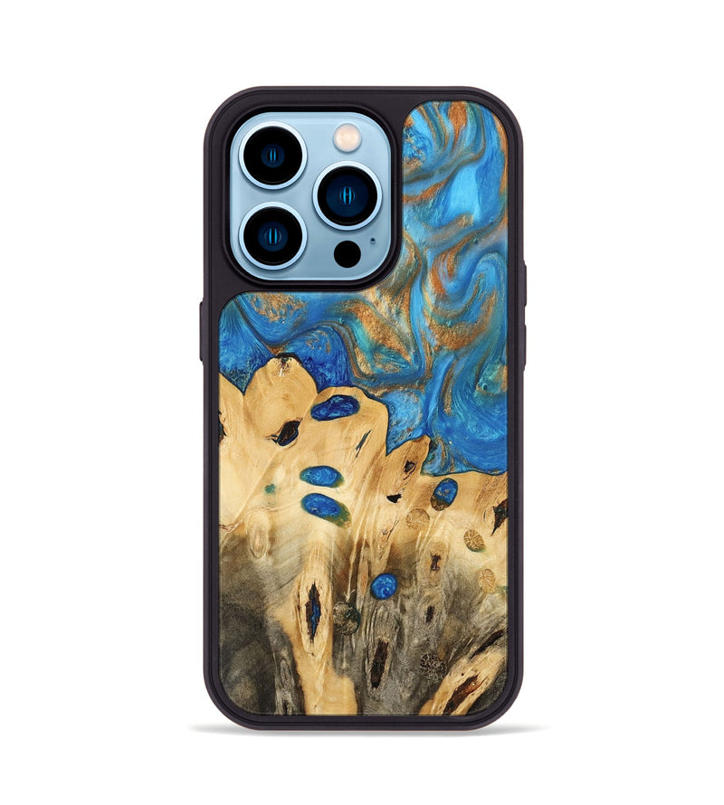 iPhone 14 Pro Wood Phone Case - Gustav (Teal & Gold, 740712)