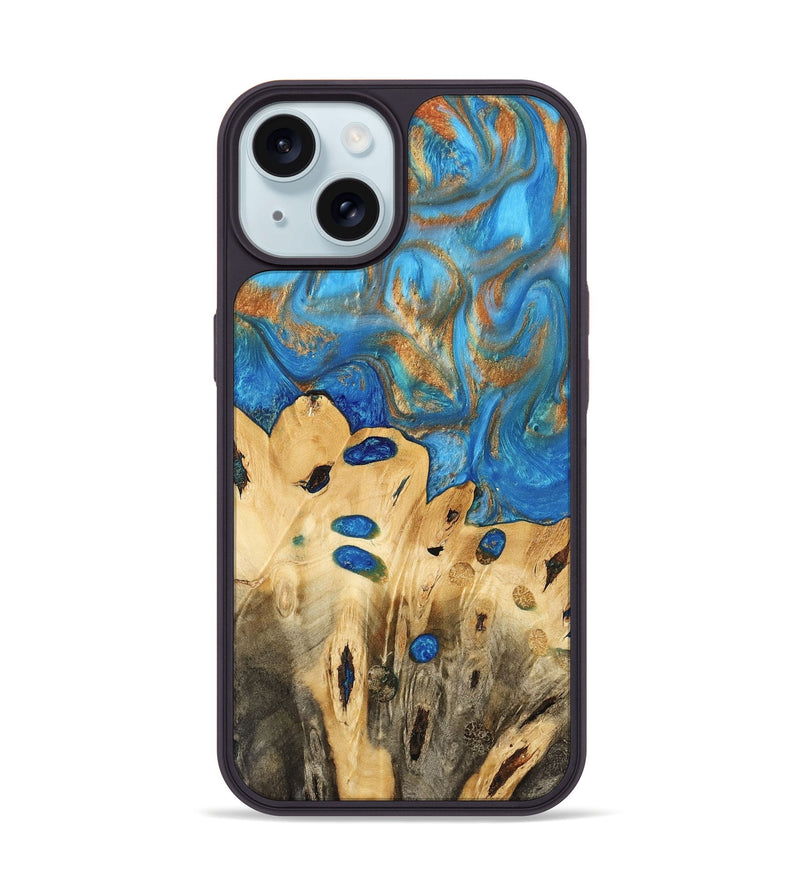 iPhone 15 Wood Phone Case - Gustav (Teal & Gold, 740712)