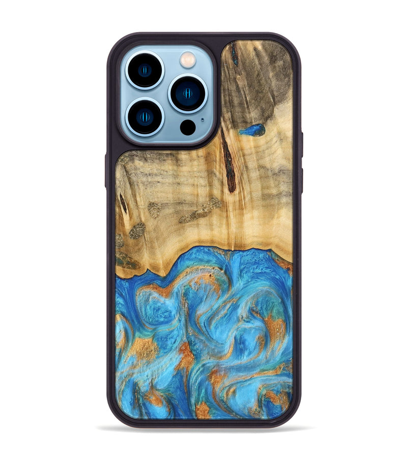 iPhone 14 Pro Max Wood Phone Case - Emaline (Teal & Gold, 740727)