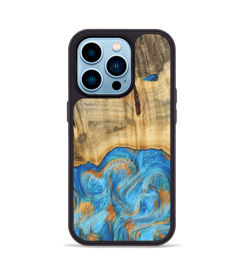 iPhone 14 Pro Wood Phone Case - Emaline (Teal & Gold, 740727)