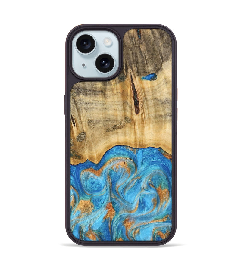 iPhone 15 Wood Phone Case - Emaline (Teal & Gold, 740727)