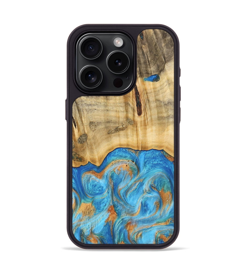 iPhone 15 Pro Wood Phone Case - Emaline (Teal & Gold, 740727)