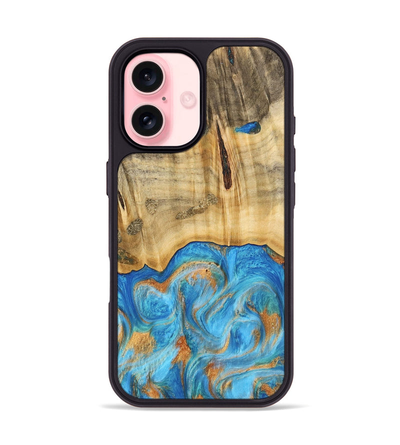 iPhone 16 Wood Phone Case - Emaline (Teal & Gold, 740727)