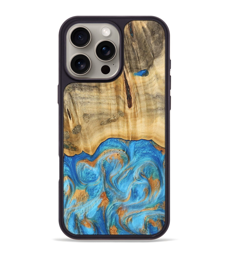 iPhone 16 Pro Max Wood Phone Case - Emaline (Teal & Gold, 740727)