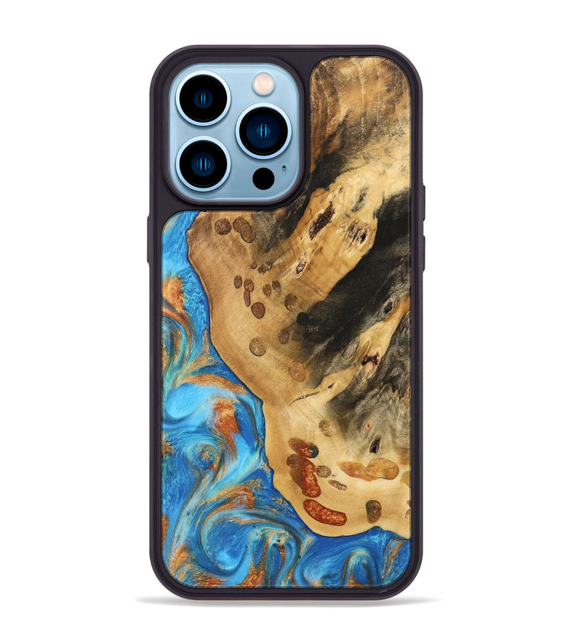 iPhone 14 Pro Max Wood Phone Case - Norry (Teal & Gold, 740757)