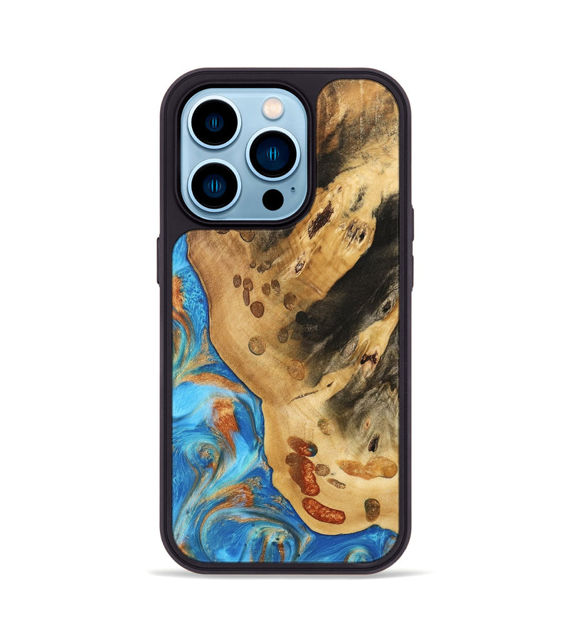 iPhone 14 Pro Wood Phone Case - Norry (Teal & Gold, 740757)