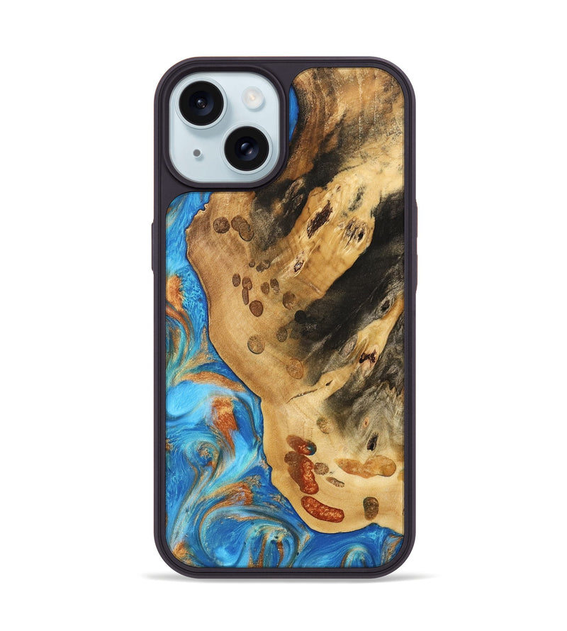 iPhone 15 Wood Phone Case - Norry (Teal & Gold, 740757)