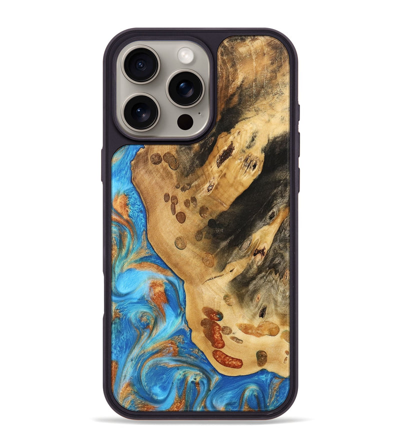 iPhone 16 Pro Max Wood Phone Case - Norry (Teal & Gold, 740757)