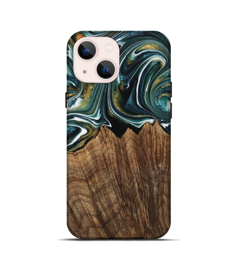 iPhone 13 mini Wood Live Edge Phone Case - Fabian (Teal & Gold, 740879)