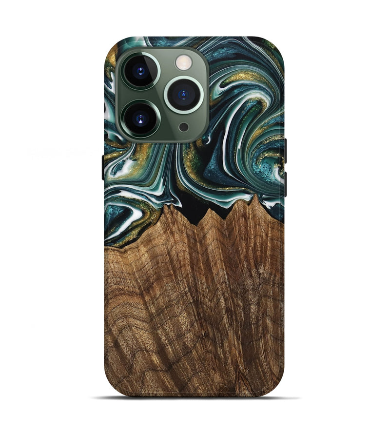 iPhone 13 Pro Wood Live Edge Phone Case - Fabian (Teal & Gold, 740879)