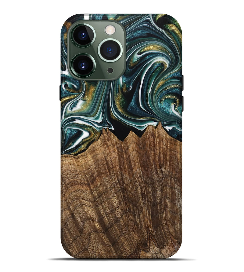 iPhone 13 Pro Max Wood Live Edge Phone Case - Fabian (Teal & Gold, 740879)